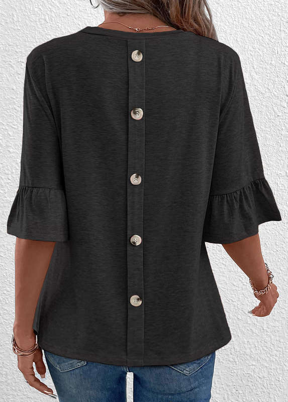 Button Black Round Neck Half Sleeve T Shirt