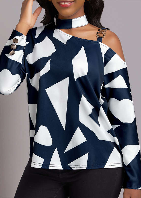 Chain Geometric Print Navy Asymmetrical Neck Blouse