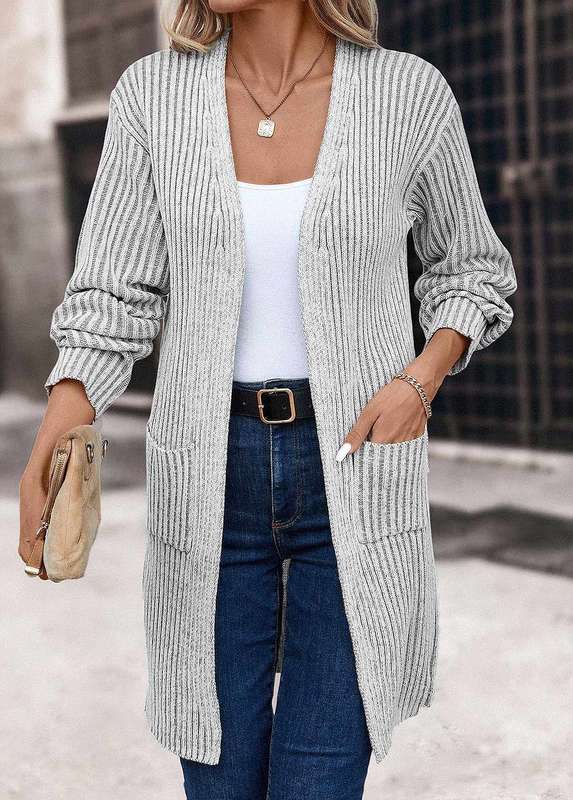 Pocket Light Grey V Neck Long Sleeve Coat