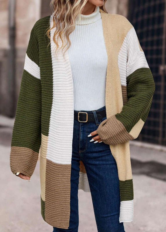 Patchwork Multi Color V Neck Long Sleeve Coat