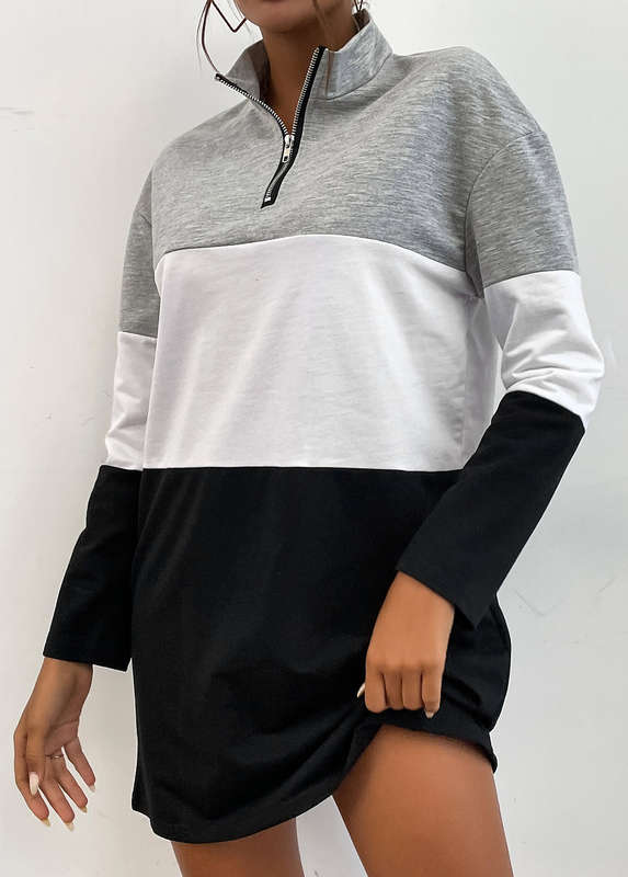 Zipper Grey Stand Collar Long Sleeve Sweatshirt
