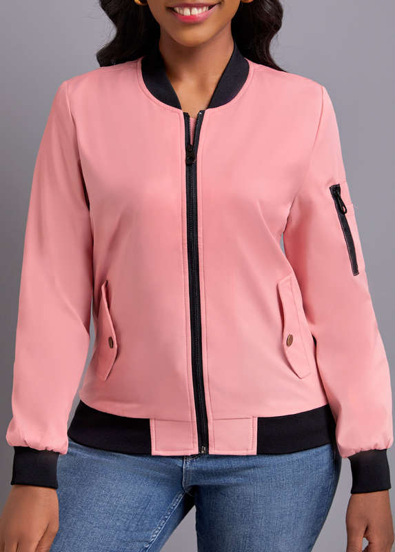 Patchwork Dusty Pink Stand Collar Long Sleeve Coat