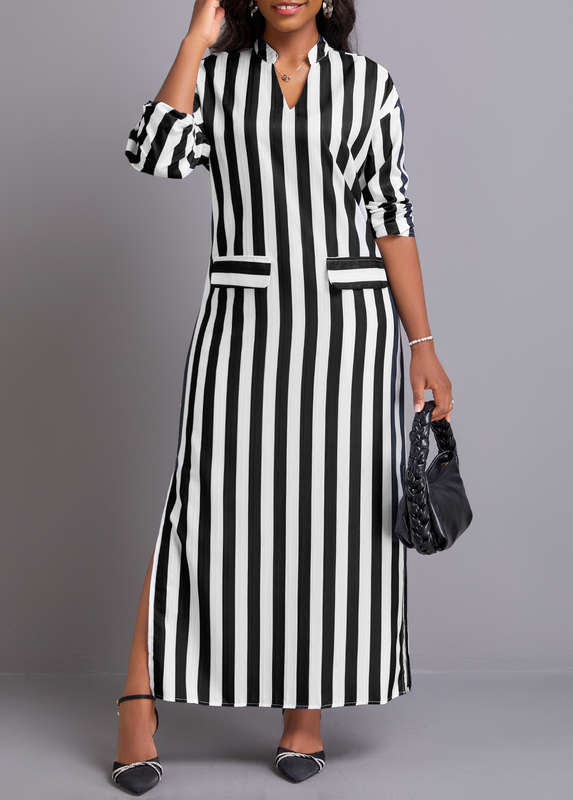 Side Slit Striped Black Maxi Dress