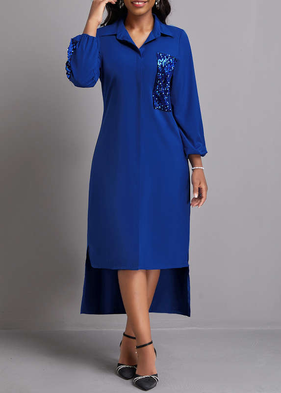 Button Patchwork Blue High Low Dress