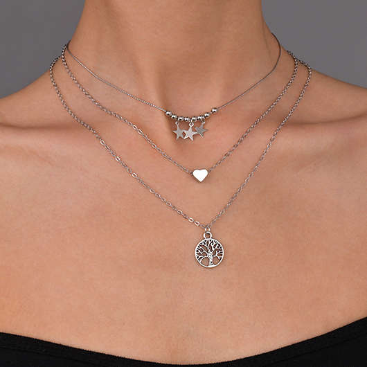 Layered Star Detail Silver Alloy Necklace
