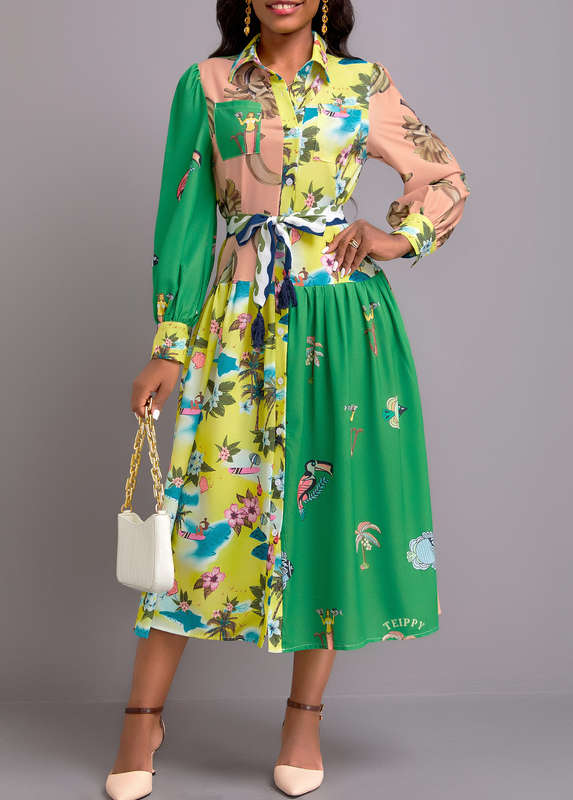 Button Floral Print Multi Color Belted Dress