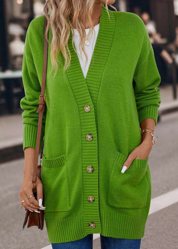 Pocket Grass Green V Neck Long Sleeve Cardigan