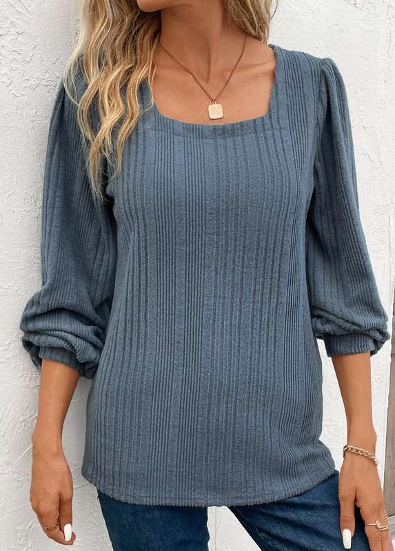 Blue Square Neck Long Sleeve T Shirt