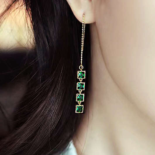 Square Rhinestone Design Green Alloy Earrings