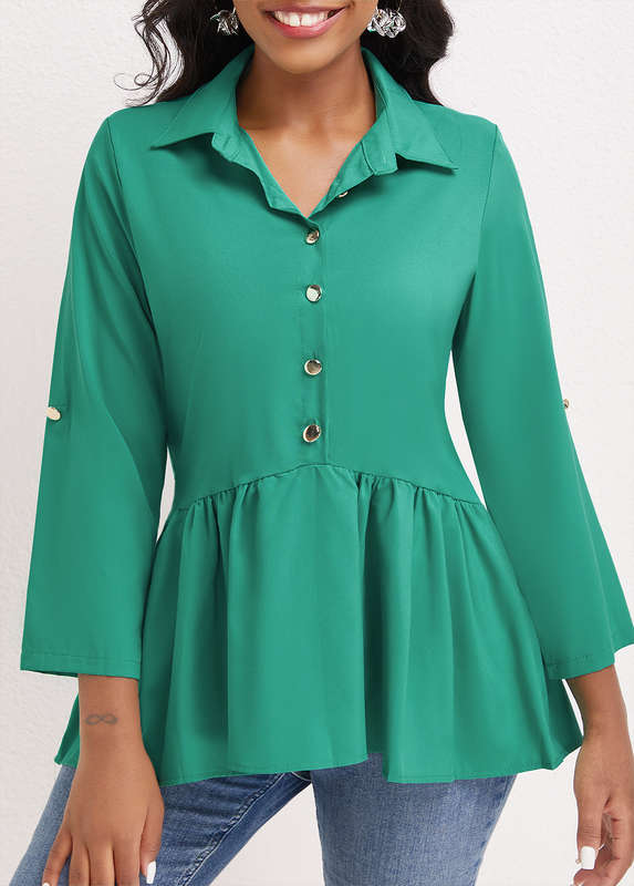 Button Ruched Green Shirt Collar Blouse