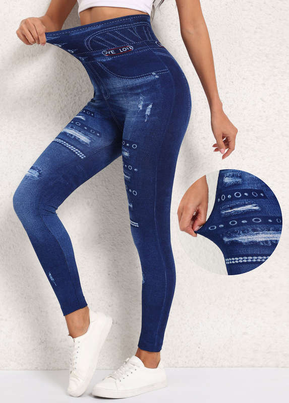 Denim-effect Print Denim Blue High Waisted Elastic Waist Leggings