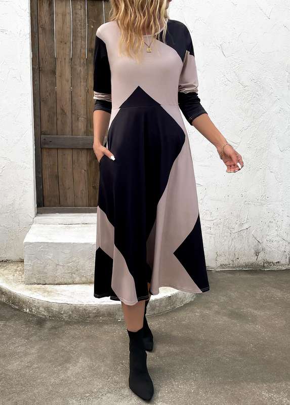 Pocket Geometric Print Black Round Neck Dress