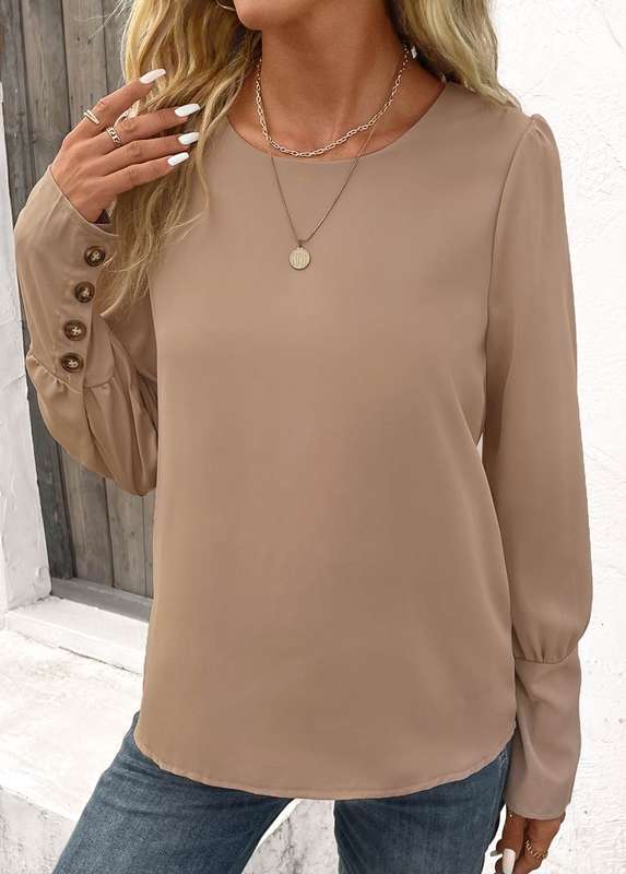 Button Light Camel Round Neck Long Sleeve Blouse