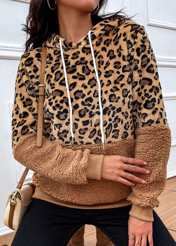 Patchwork Leopard Dark Camel Long Sleeve Hoodie