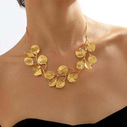 Alloy Detail Leaf Design Golden Necklace