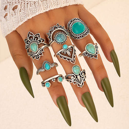 Alloy Hollow Retro Cyan Ring Set