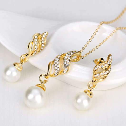 Round Pearl Rhinestone White Necklace and Earrings