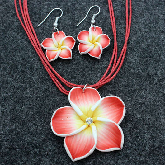 Floral Design Polymer Clay Red Necklace and Earrings