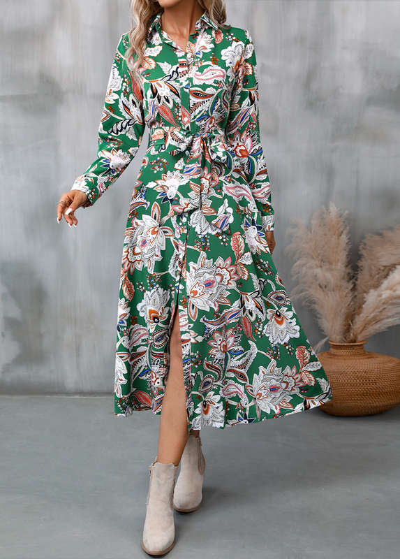 Button Random Floral Print Green Belted Dress