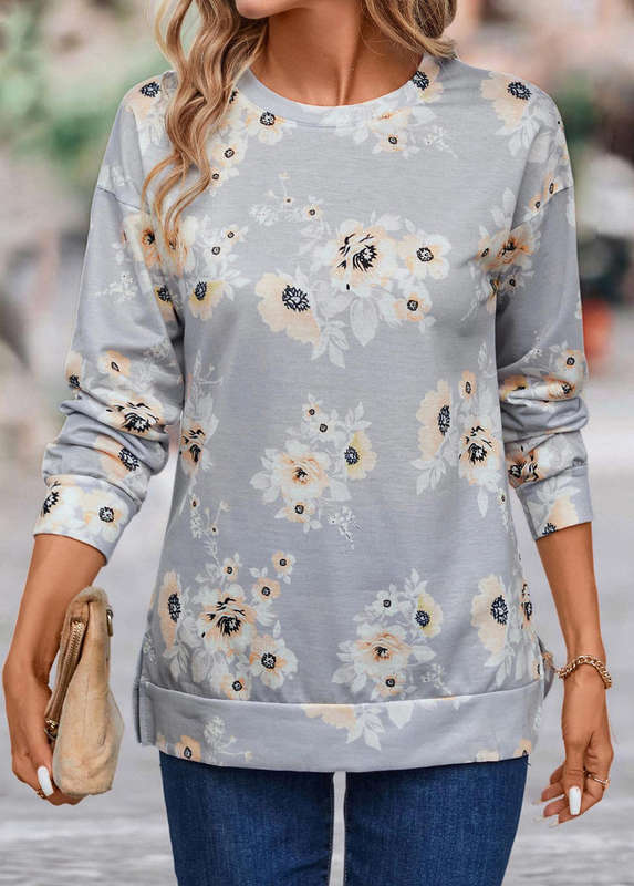 Patchwork Floral Print Grey Round Neck Sweatshirt