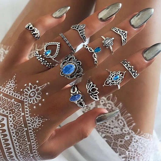 Sky Blue Alloy Detail Ring Set