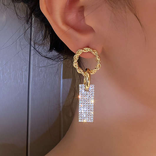 Rectangle Rhinestone Circular Detail Gold Earrings