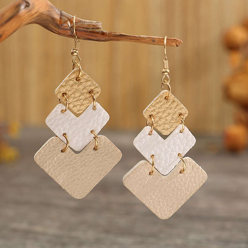 Gold Faux Leather Geometric Pattern Earrings