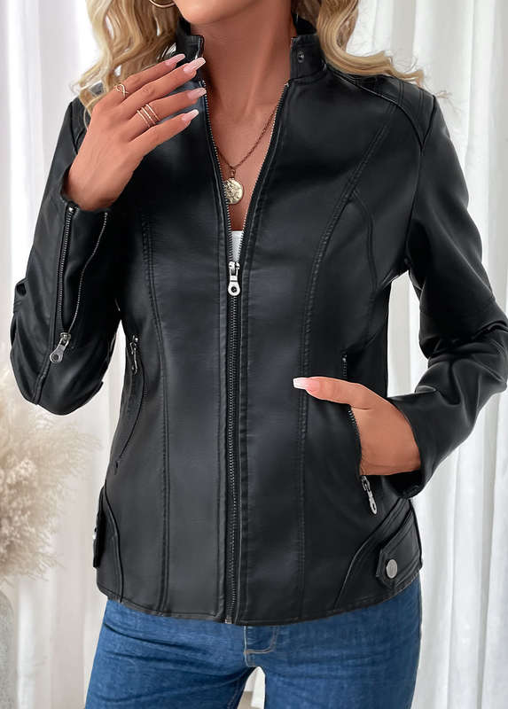 Black High Neck Pocket Long Sleeve Coat