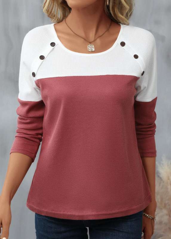 Dark Reddish Purple Patchwork Round Neck T Shirt