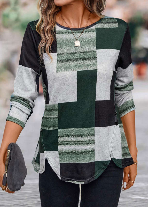 Button Green Round Neck Long Sleeve T Shirt