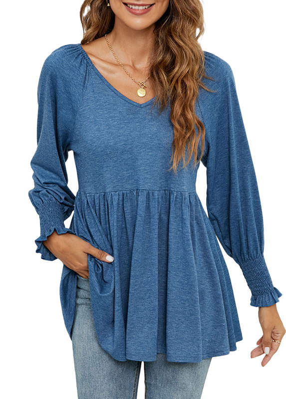Smocked Denim Blue V Neck Long Sleeve Blouse