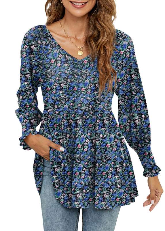 Smocked Ditsy Floral Print Navy V Neck Blouse