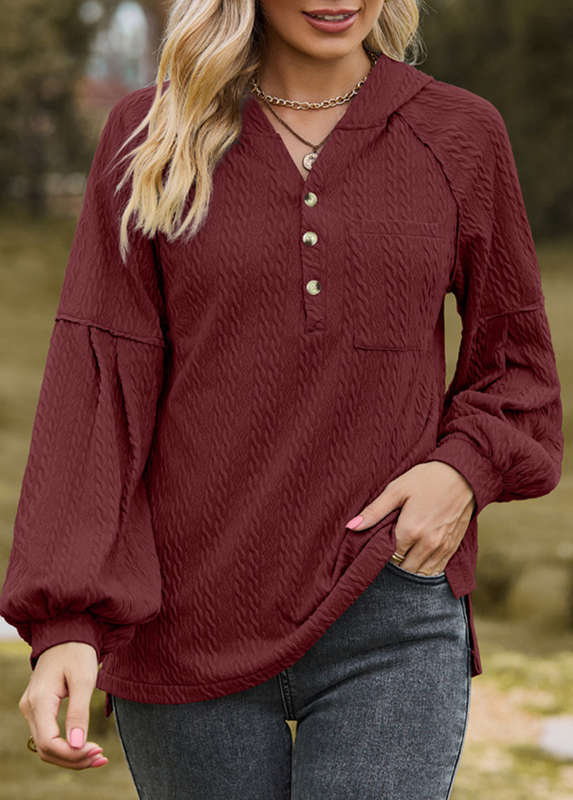 Button Wine Red Long Sleeve Hoodie