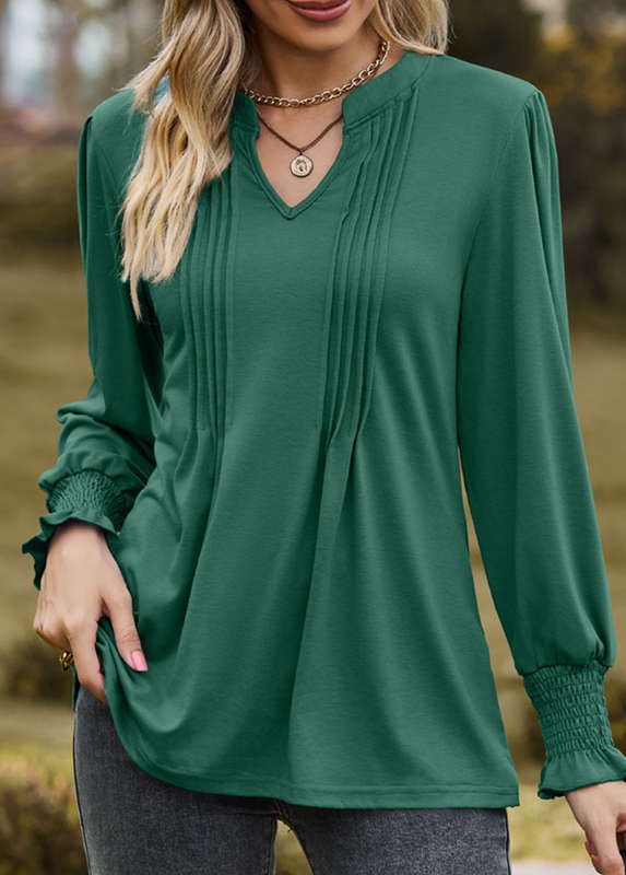 Tuck Stitch Green Split Neck Long Sleeve Blouse