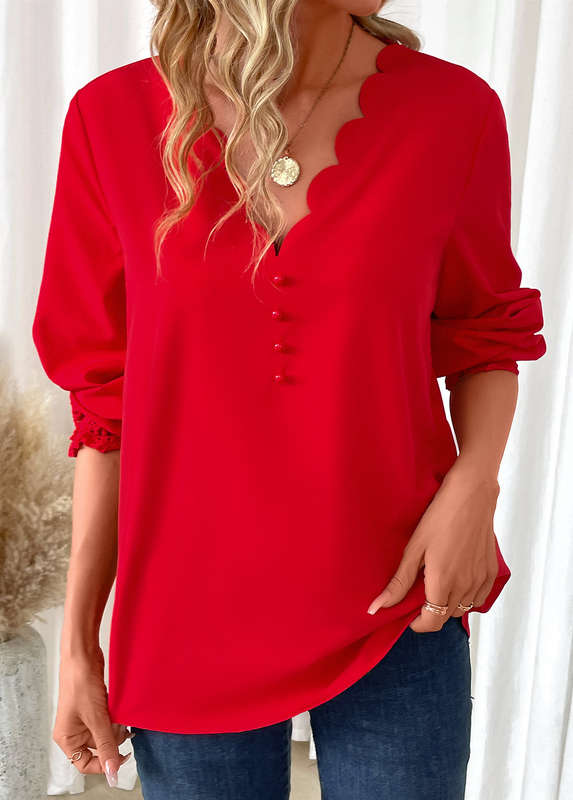 Scalloped Hem Red V Neck Long Sleeve Blouse