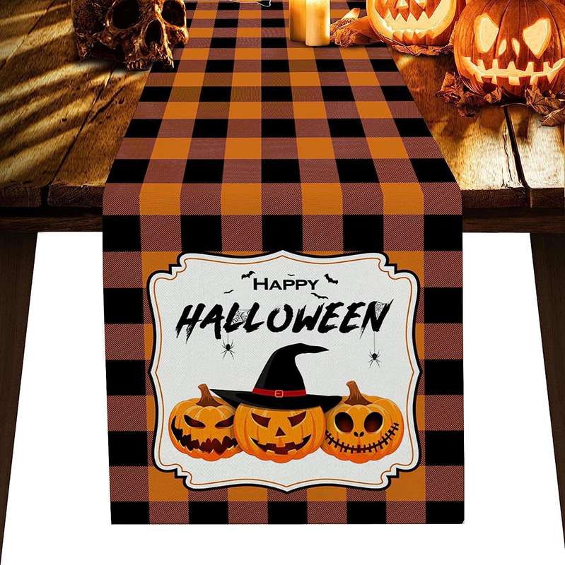 Halloween Print Orange Plaid Bat Table Runner