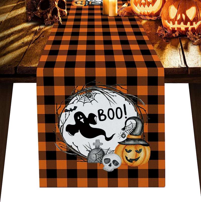 Halloween Print Linen Black Table Runner