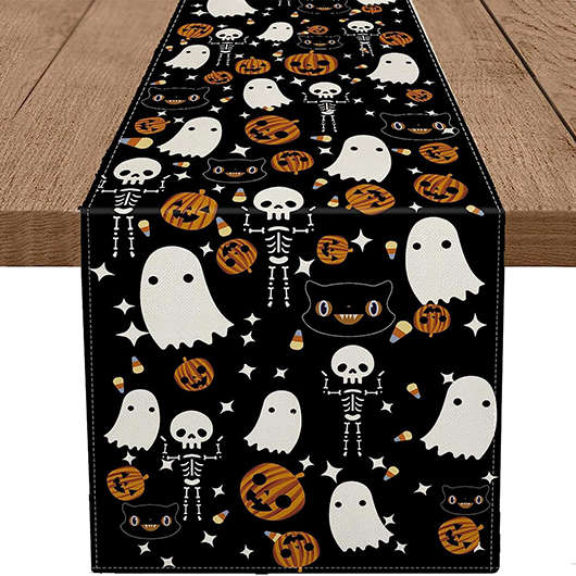 Halloween Print Orange Linen Table Runner