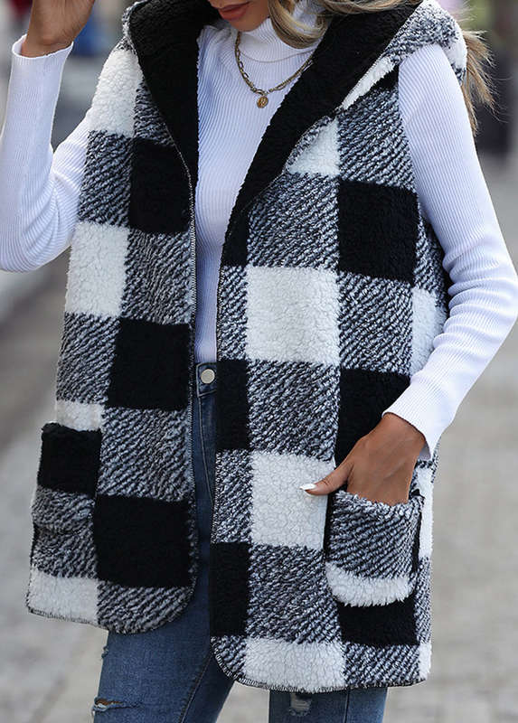 Pocket Plaid Black Hooded Long Sleeve Waistcoat