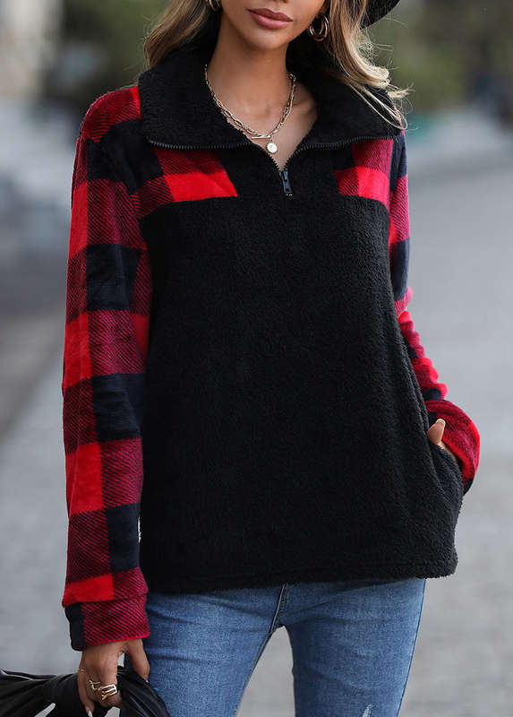 Pocket Plaid Black Turn Down Collar Hoodie
