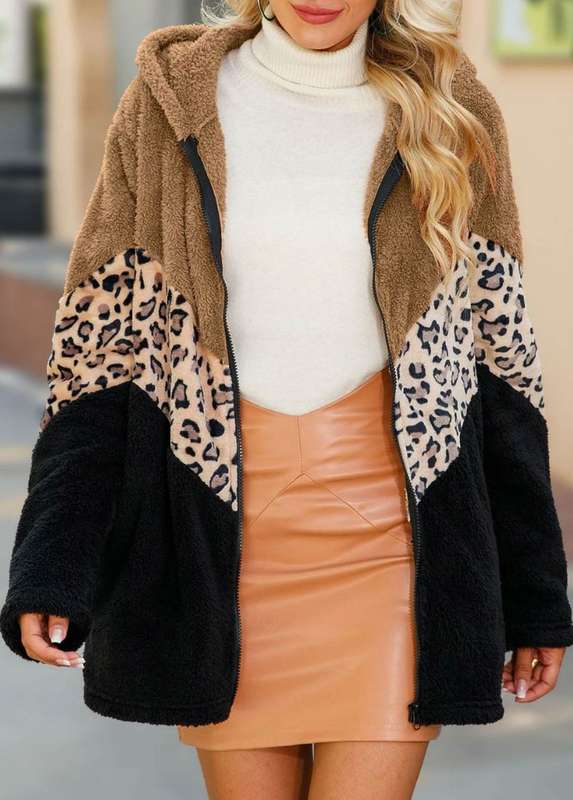 Patchwork Leopard Black Hooded Long Sleeve Coat