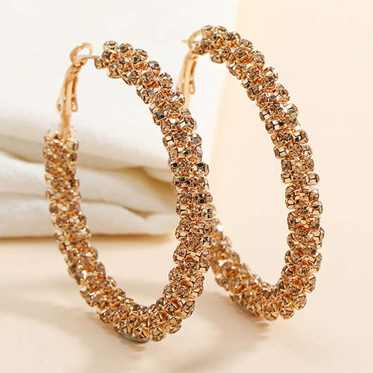 Round Alloy Detail Rhinestone Gold Earrings