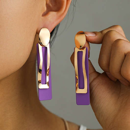 Geometric Design Rectangle Purple Metal Earrings