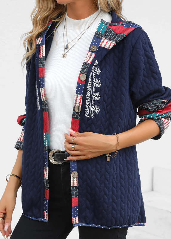 Patchwork Tribal Print Navy Hooded Long Sleeve Coat