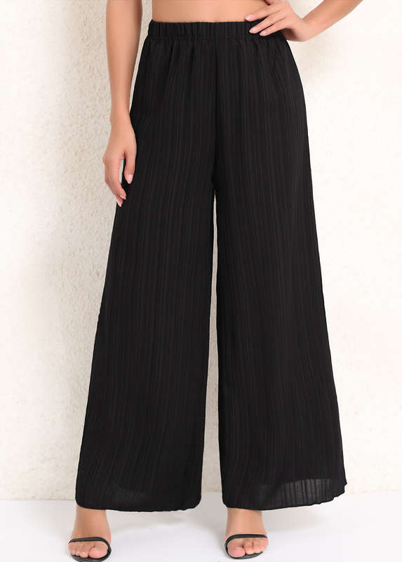 Ruched Black Elastic Waist High Waisted Pants