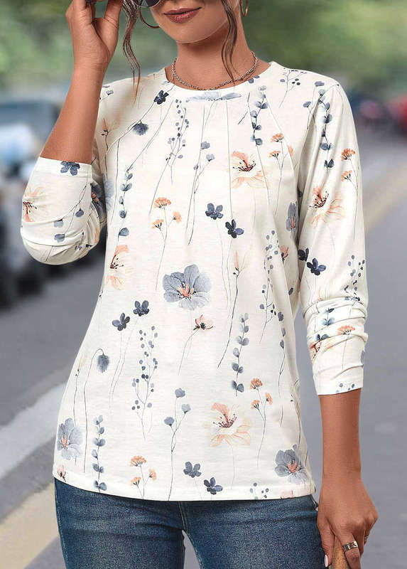 Tuck Stitch Floral Print White Round Neck T Shirt