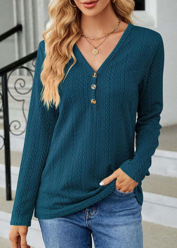 Button Turquoise V Neck Long Sleeve T Shirt