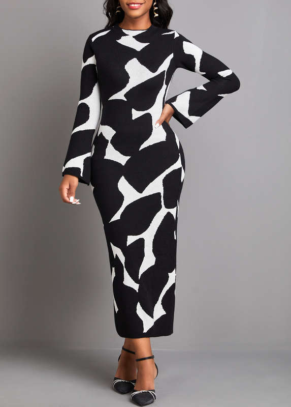 Cow Print Black Round Neck Maxi Bodycon Dress
