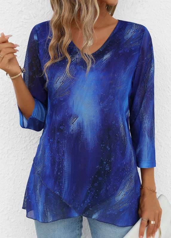 Cross Hem Graffiti Print Sky Blue T Shirt