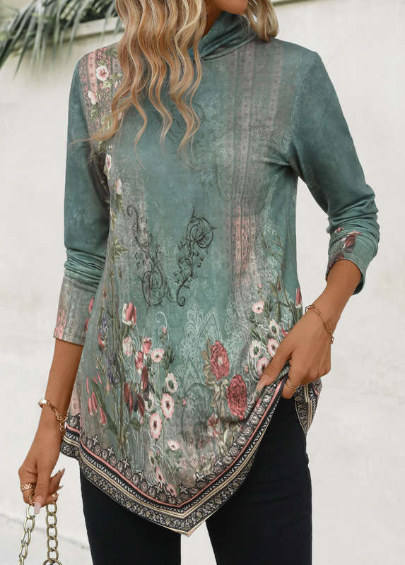 Asymmetry Random Floral Print Green High Neck T Shirt